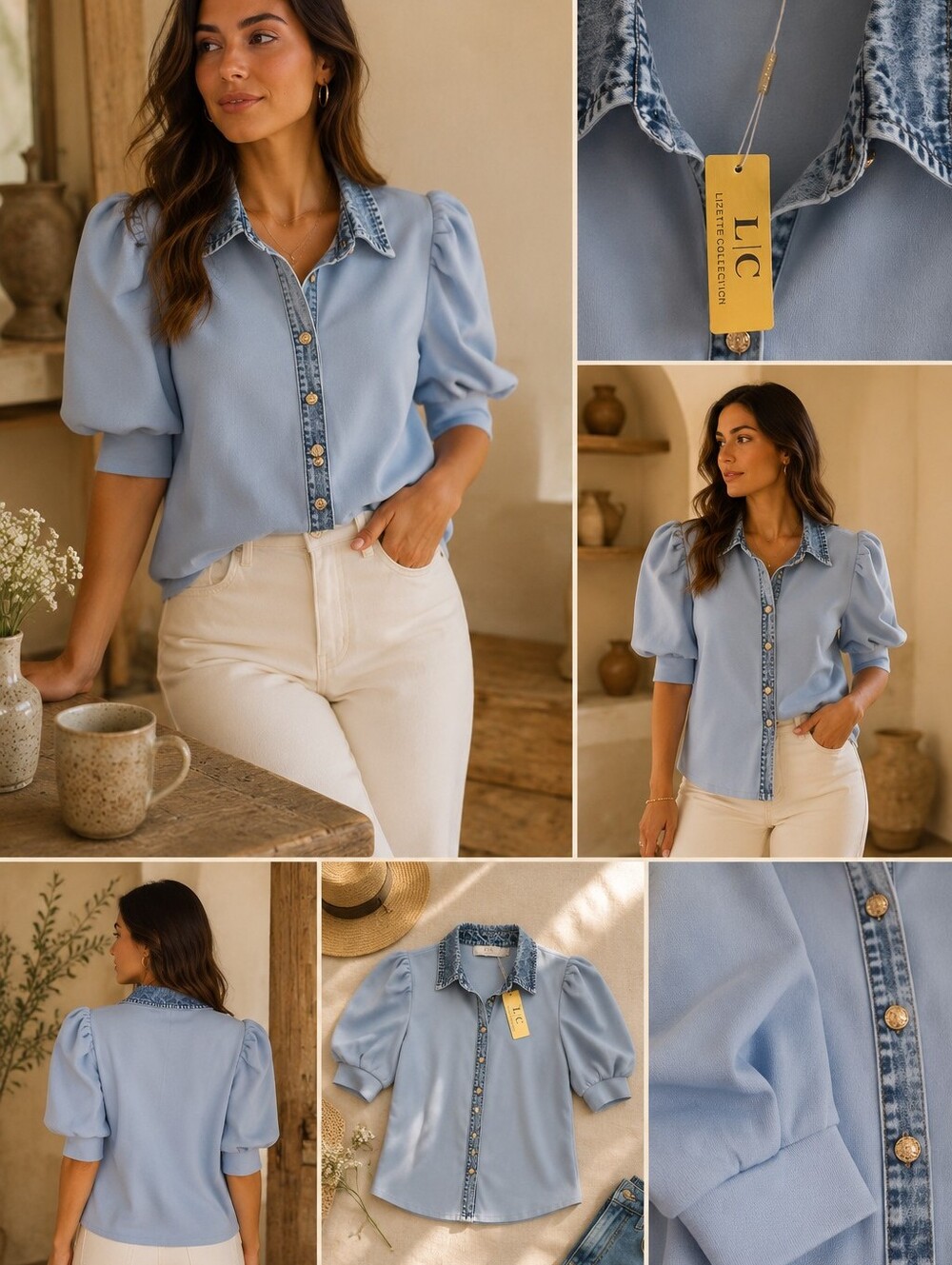 LC Light Blue Puff Sleeve Shirt with Denim Trim